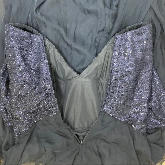 La Femme Chiffon and Sequin A Line Gown Faux Wrap 3/4 Sleeve Navy Blue Size 16 - Picture 7 of 10